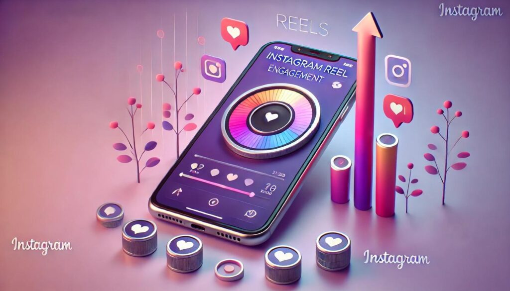 A sleek and professional illustration of Instagram Reels engagement. The image features a smartphone with an Instagram Reel playing, surrounded by icons like hearts, upward arrows, and like counters to indicate growth. The background is a smooth gradient in Instagram's colors—purple, pink, and orange—focusing on visuals rather than text, creating a clean and modern design ideal for a marketing article.